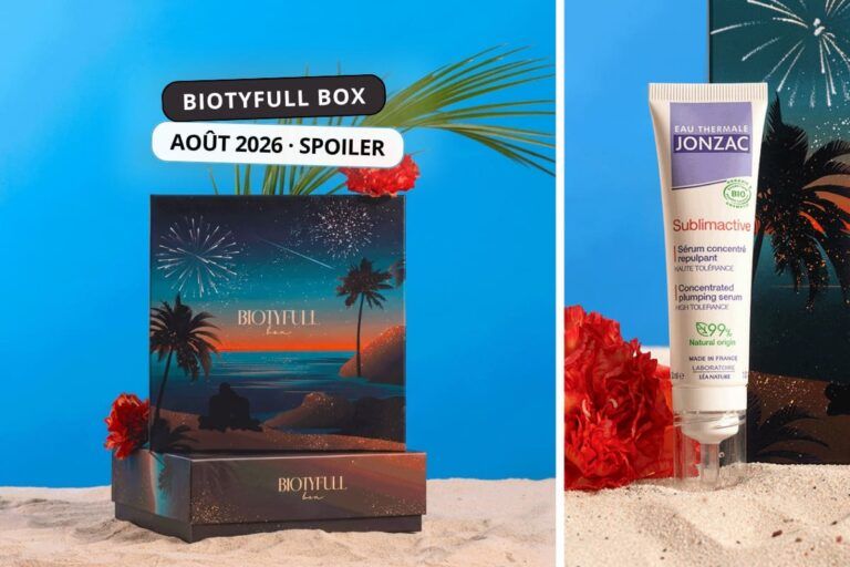 Biotyfull Box août 2026 avec le design Sunset Étoilé et le sérum Sublimactive Eau Thermale Jonzac en spoiler