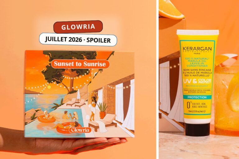 Spoiler Glowria Juillet 2026 présentant la box beauté Sunset to Sunrise et un produit Kerargan Professionnel