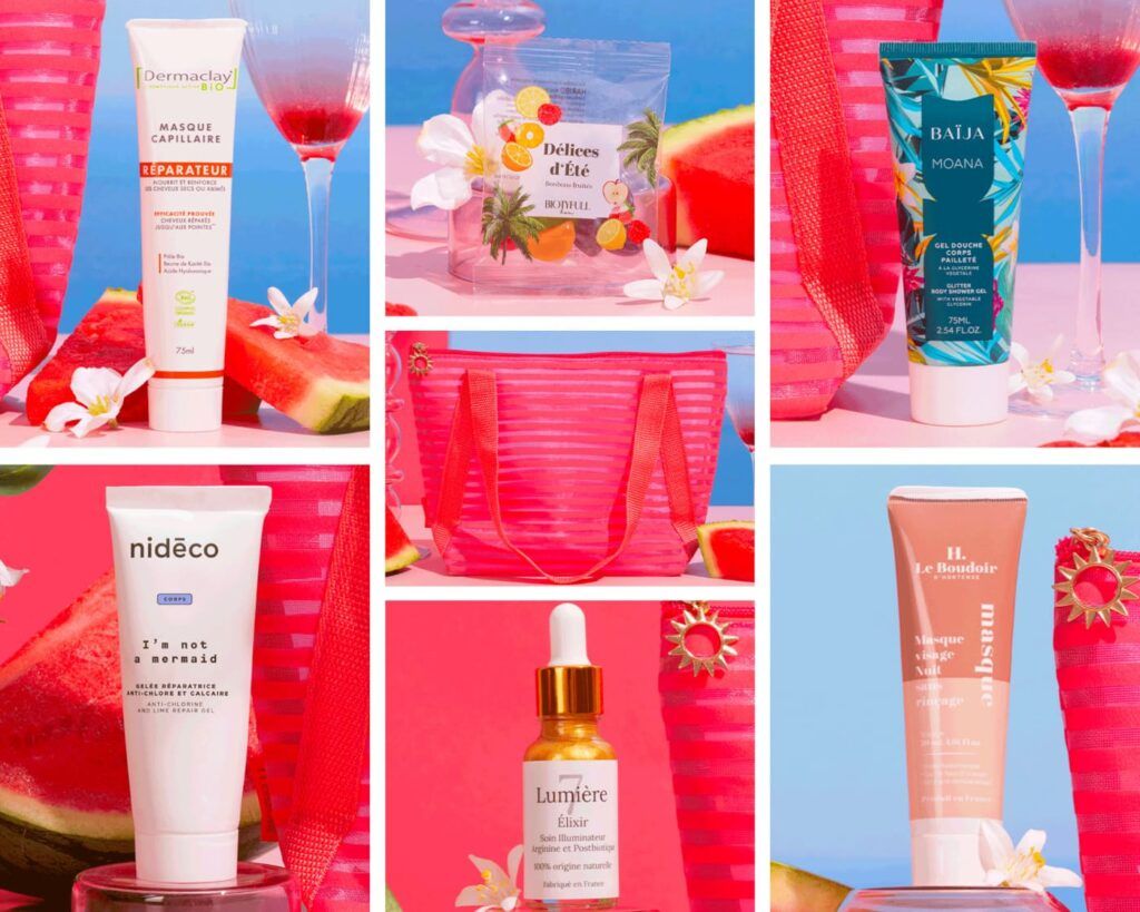 Collage des produits beauté de l'édition « Journée d'Été » avec entre autres les soins Baïja, 7Lumière et Le Boudoir d'Hortense