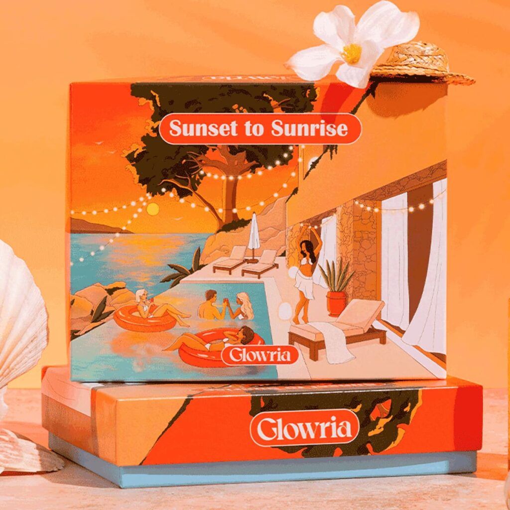 Design de la box Sunset to Sunrise de Glowria illustrant une piscine au bord de la mer au coucher du soleil