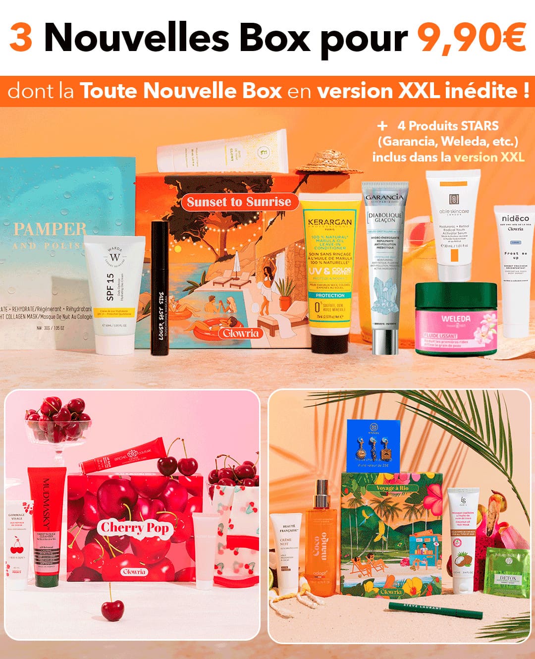 Offre promotionnelle Glowria proposant 3 nouvelles box beauté pour 9,90€ seulement