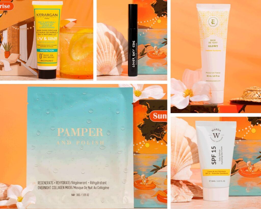 Collage de produits de beauté de l'édition Sunset to Sunrise avec un soin Kerargan, une base de teint, un mascara et un soin SPF 15