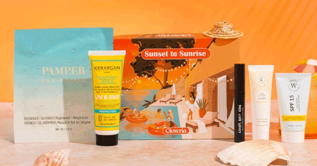 Spoiler complet Glowria Juillet 2026 présentant la box Sunset to Sunrise et l'ensemble des produits de cette édition