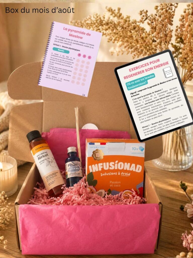 Exemple de box bien-être du mois d’août avec huile d’abricot, bain de mer, infusions froides et exercices sur les besoins