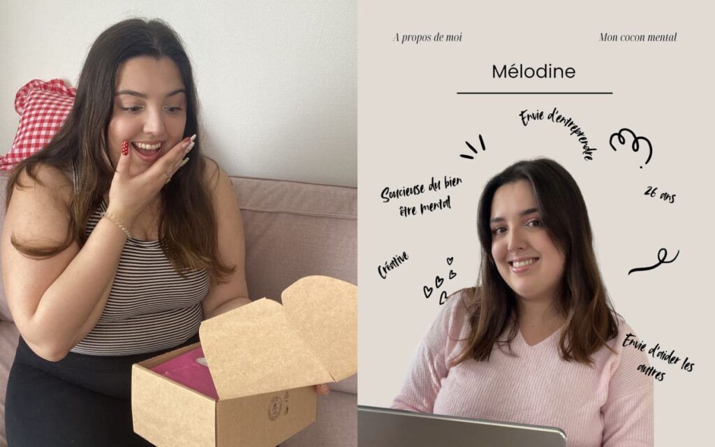 Mélodine Nebas, fondatrice de la box Mon Cocon Mental, photographiée avec son coffret bien-être