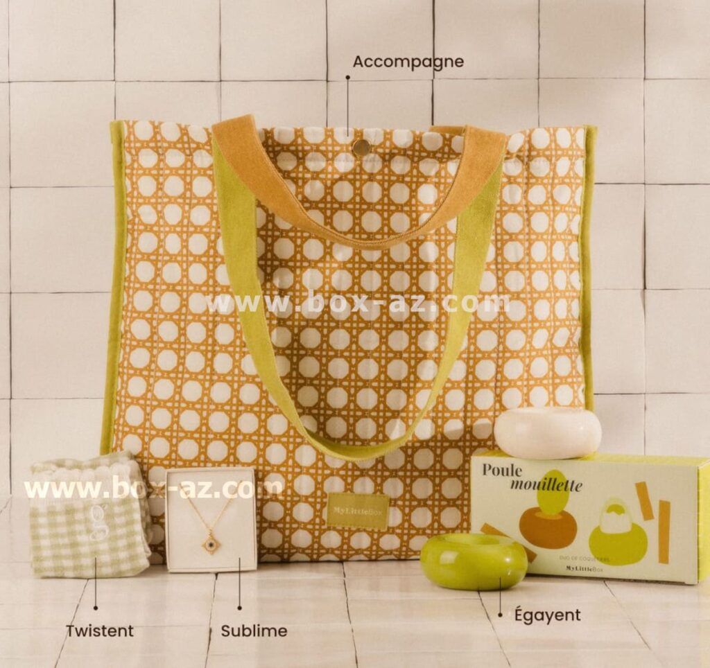 Accessoires lifestyle de la double box de la rentrée avec sac cabas, collier et coquetiers