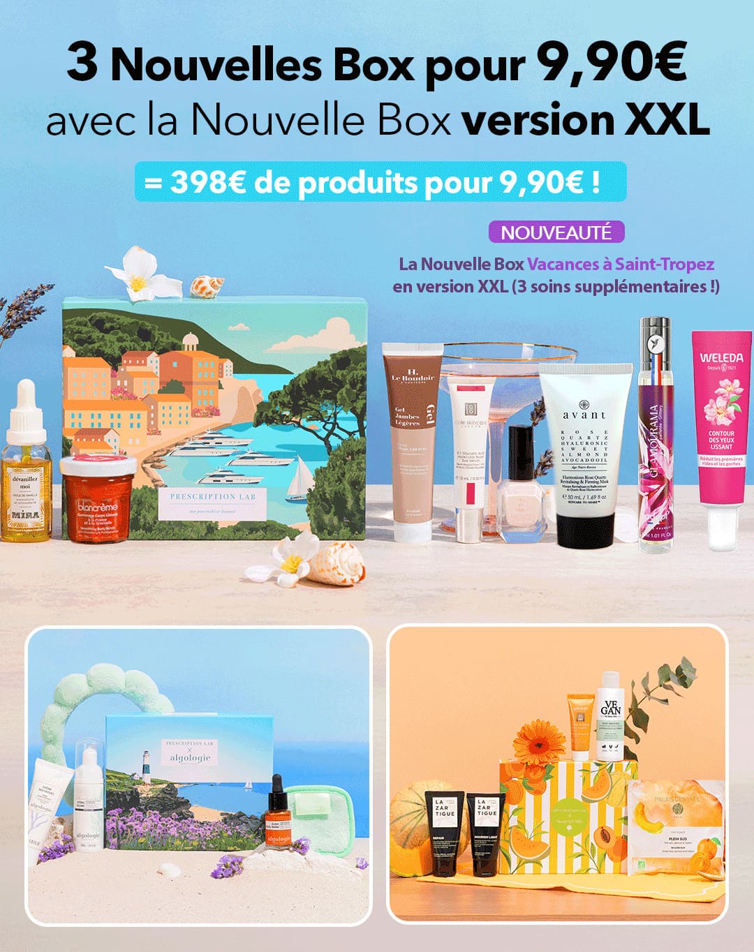 Offre promotionnelle Prescription Lab proposant d'obtenir 3 box beauté pour 9,90€ seulement.