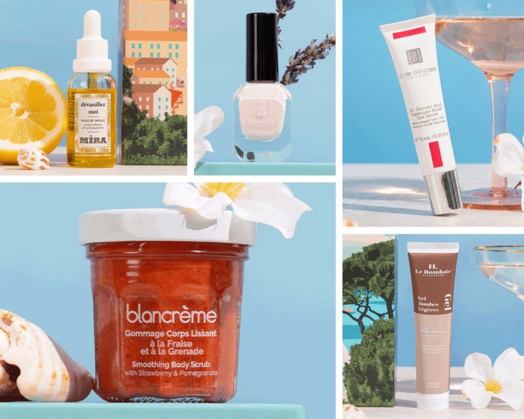 Collage de produits de beauté avec une huile MIRA, un vernis nude, un gommage Blanc Crème et deux soins en tube