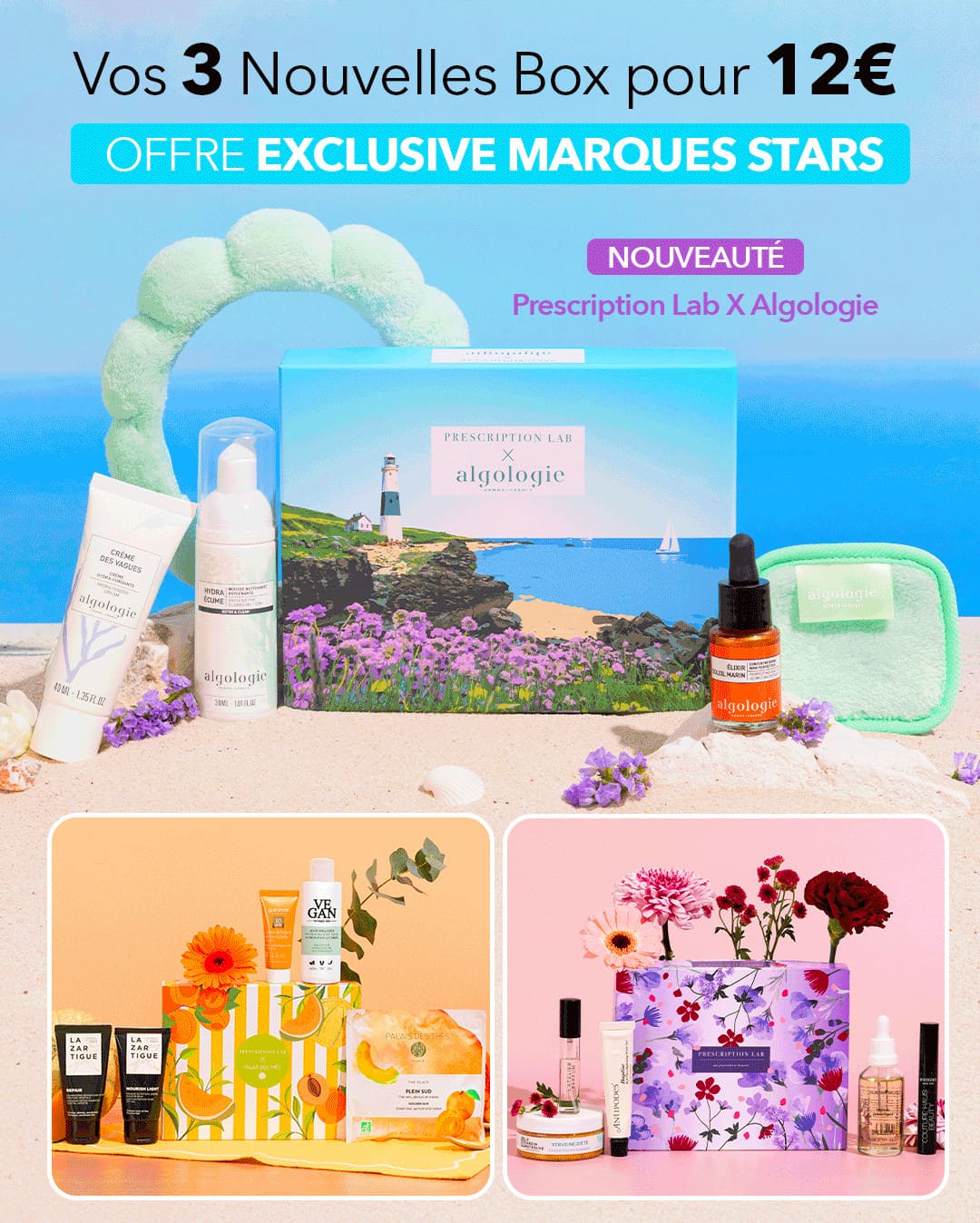 Offre promotionnelle Prescription Lab proposant 3 nouvelles box beauté pour 12€ seulement, dont la box Algologie