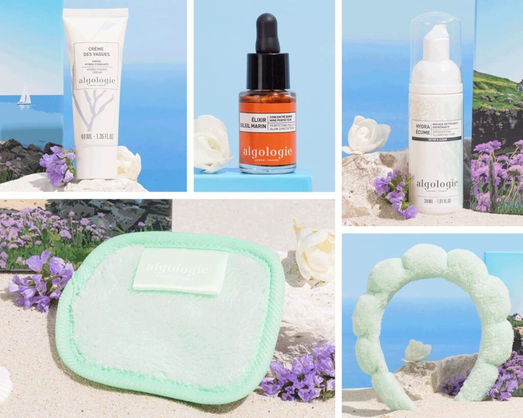Collage des produits de beauté et accessoires de la collaboration Prescription Lab x Algologie