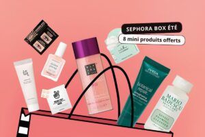 Visuel de la Sephora Box Été 2026 contenant 8 mini-produits beauté offerts en juillet