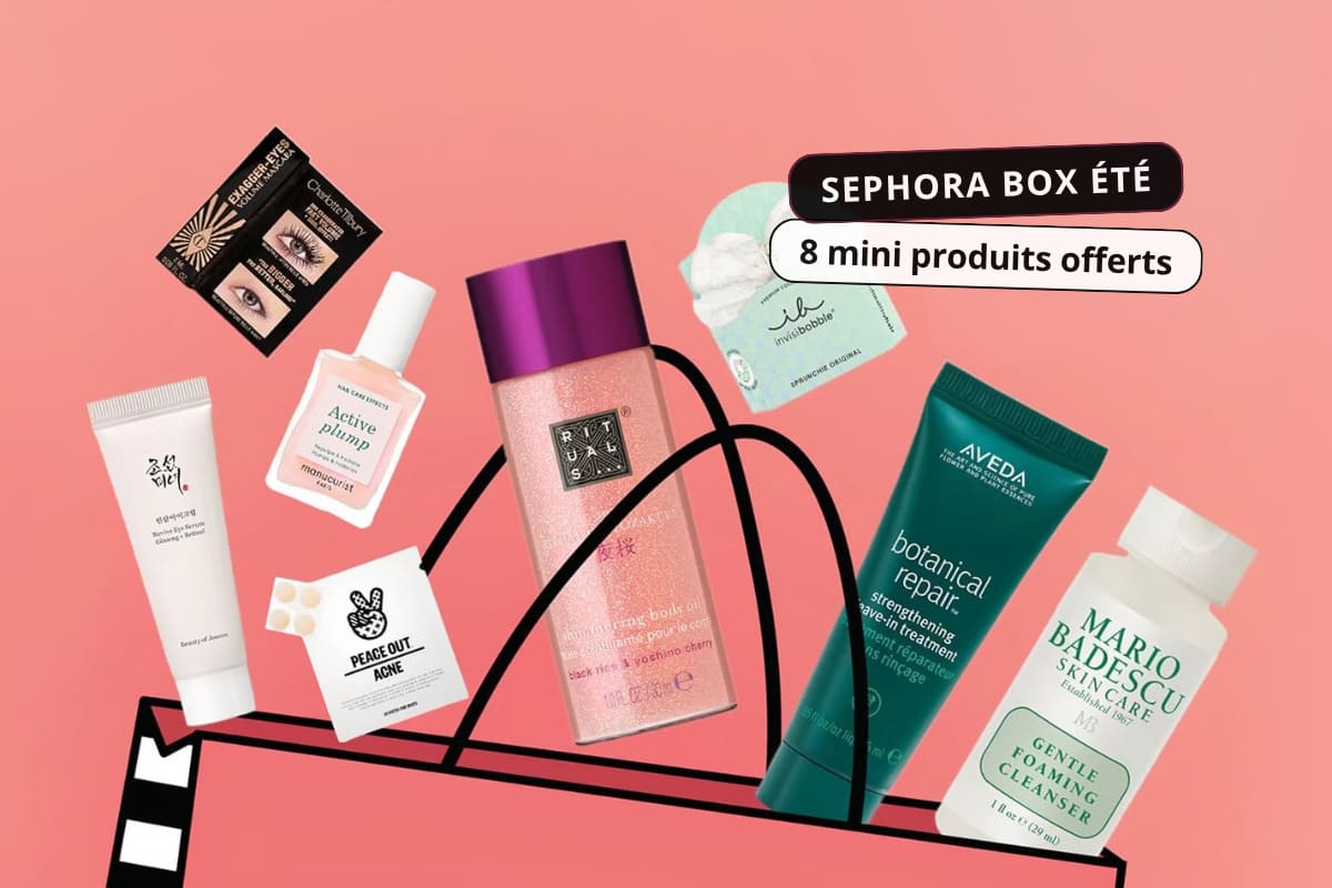 Visuel de la Sephora Box Été 2026 contenant 8 mini-produits beauté offerts en juillet