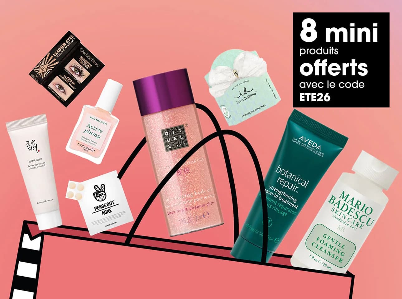 Contenu de la box été Sephora avec 8 mini-produits offerts et le code promo ETE26