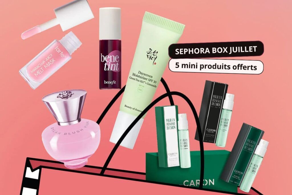 Sephora Box Juillet 2026 contenant 5 mini-produits offerts de Benefit, Tarte, Beauty of Joseon et Caron