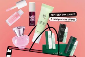 Sephora Box Juillet 2026 contenant 5 mini-produits offerts de Benefit, Tarte, Beauty of Joseon et Caron