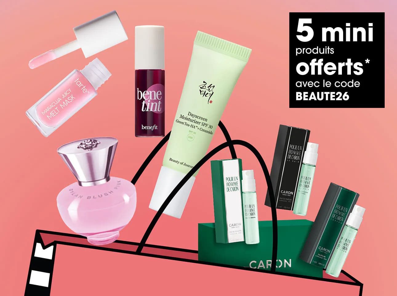 Contenu de la Sephora Box de juillet 2026 avec 5 mini-produits offerts et le code promo BEAUTE26