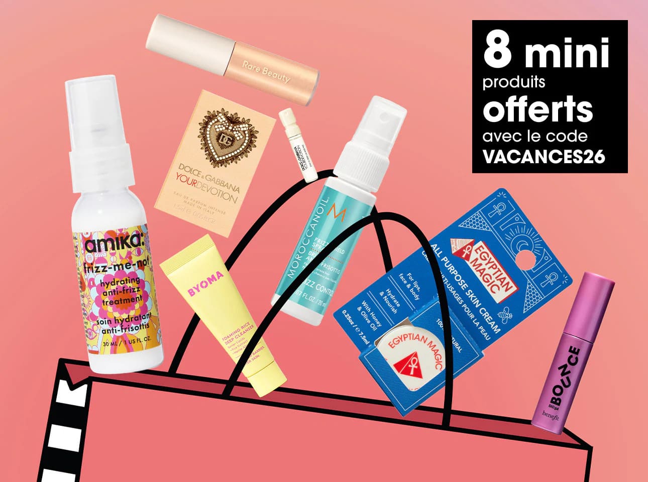 Sélection officielle de mini-produits Amika, Rare Beauty, Dolce & Gabbana, Moroccanoil et Benefit, avec le code promo VACANCES26