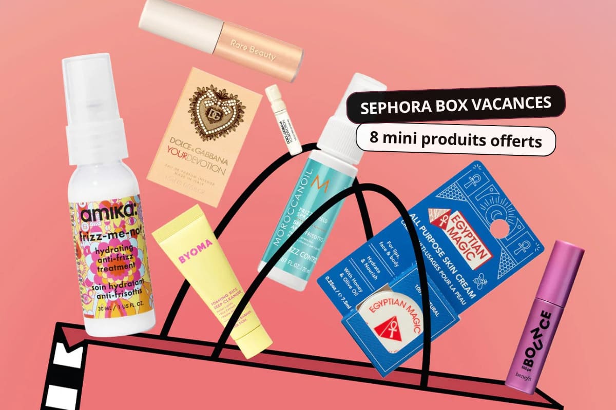 Visuel de la Sephora Box Vacances 2026 avec 8 mini-produits beauté offerts pour l'été