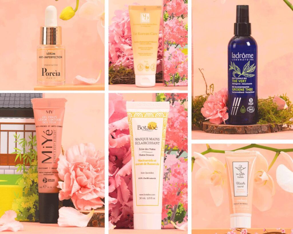 Sélection de produits beauté présentée en collage avec Poreia, MiYé, Botaloé, Ladrôme et Mademoiselle Gold