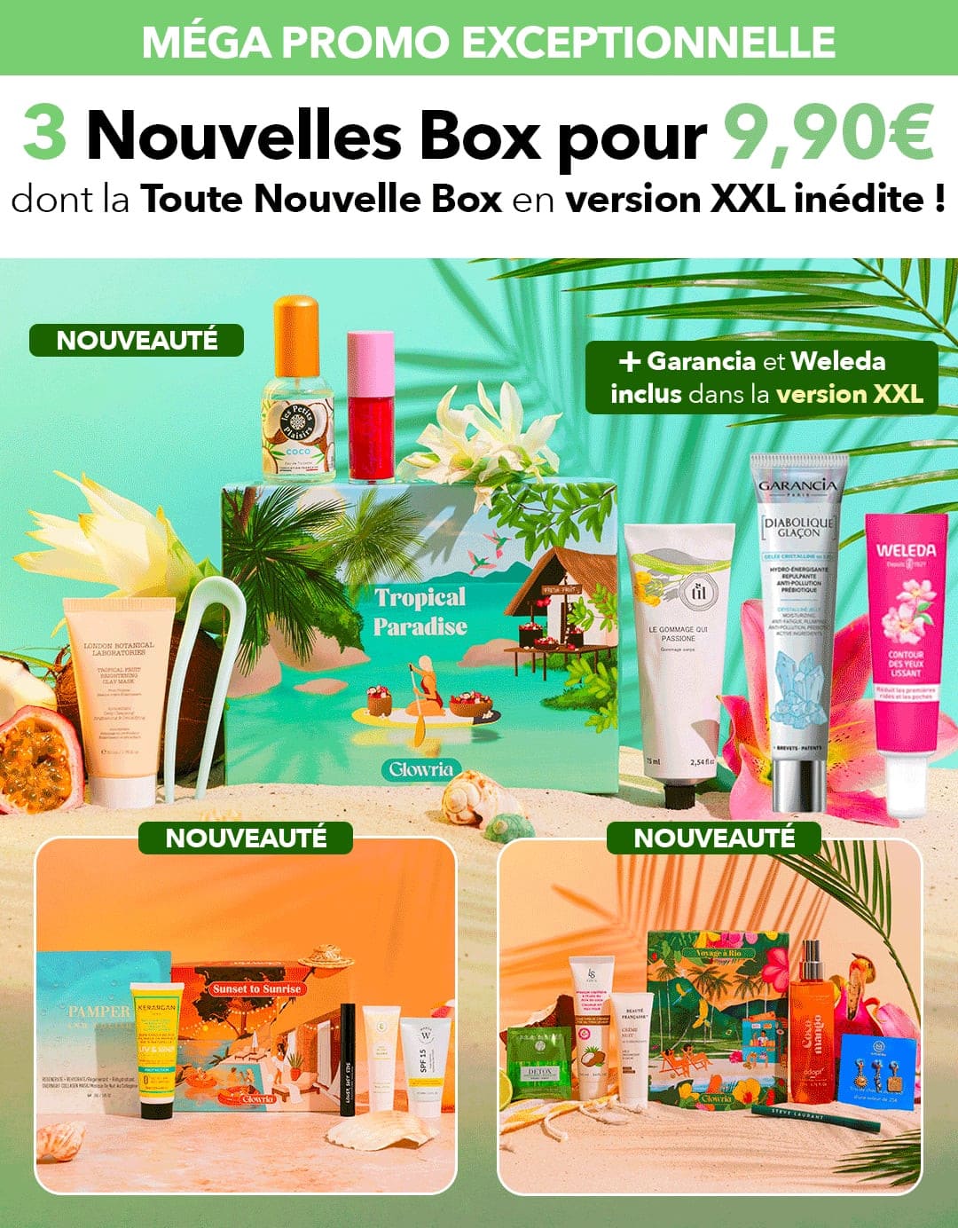Offre promotionnelle Glowria proposant d'obtenir 3 box pour 9,90€ seulement, avec engagement 12 mois.