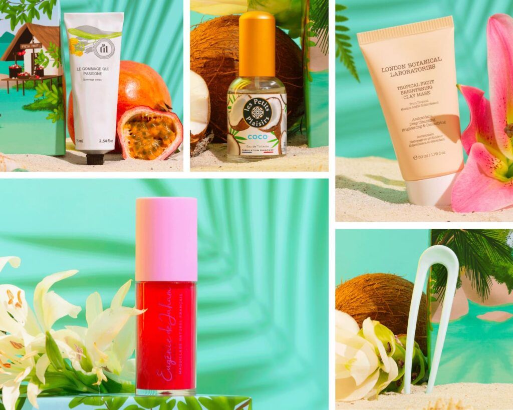 Collage de produits de beauté avec gommage corps, parfum coco, masque visage, maquillage et accessoire