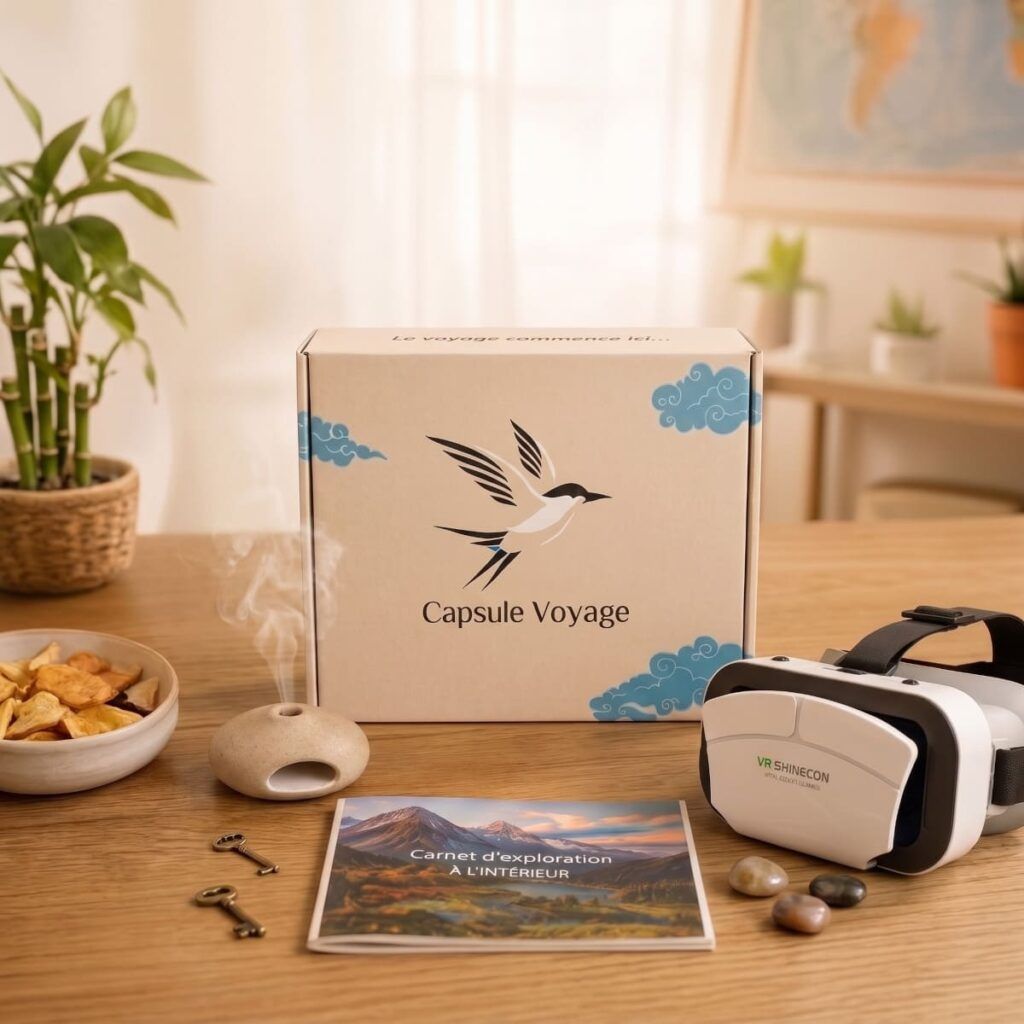 Box Capsule Voyage présentée avec son casque VR, son carnet d’exploration et des éléments sensoriels