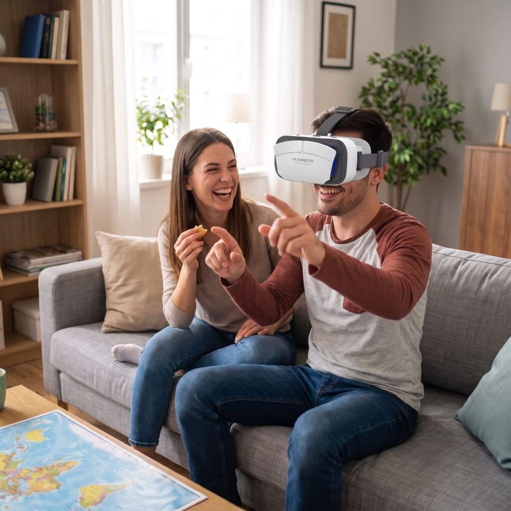 Homme utilisant un casque VR aux côtés d’une femme lors d’une expérience de voyage immersive