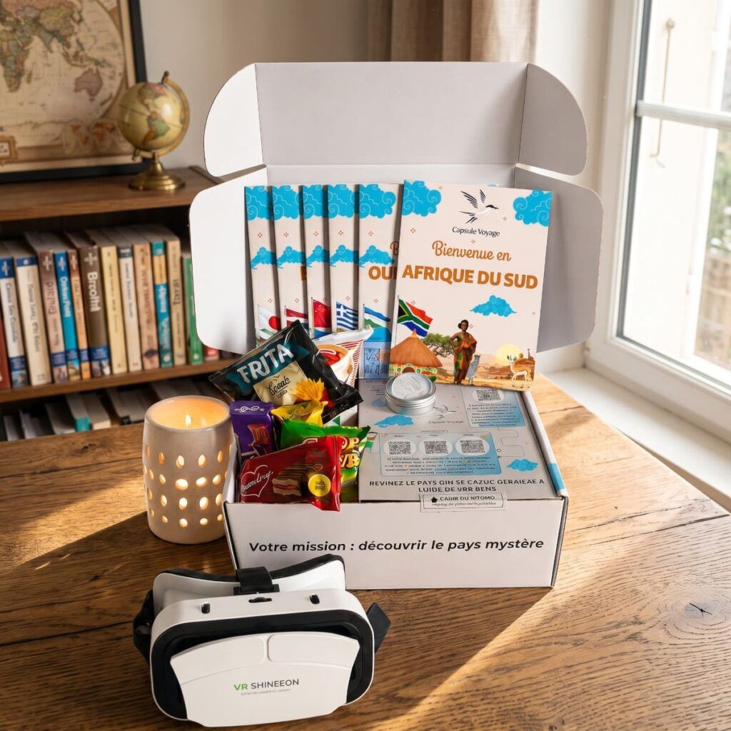 Exemple de box Capsule Voyage consacrée à l’Afrique du Sud avec spécialités gourmandes et casque de réalité virtuelle