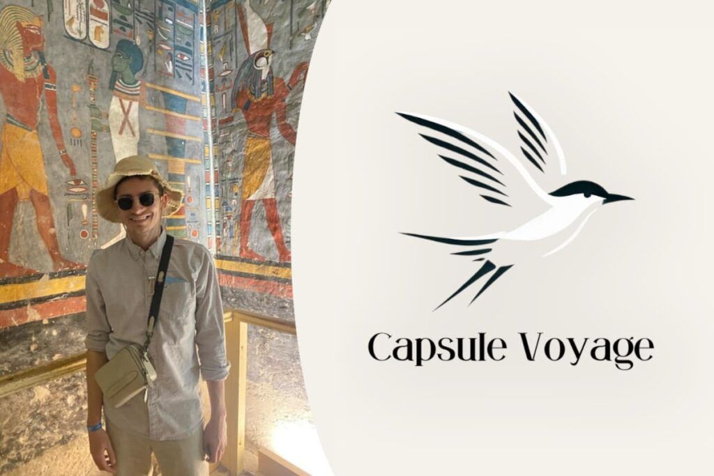 Collage photo avec à gauche, Kévin Brugemann, fondateur de la box Capsule Voyage et, à droite le logo