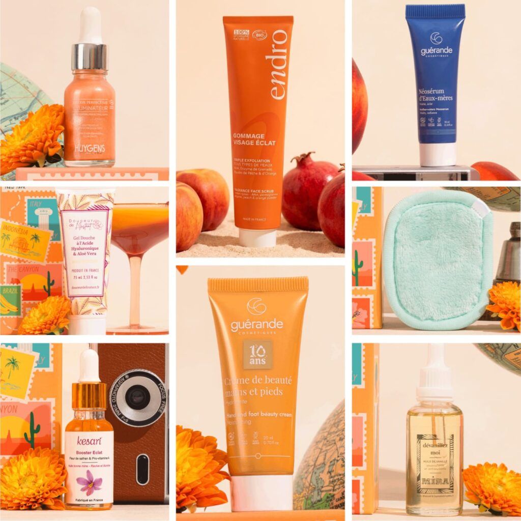 Sélection de produits de beauté présentés en collage avec soins Huygens, Endro, Guérande et Kesari