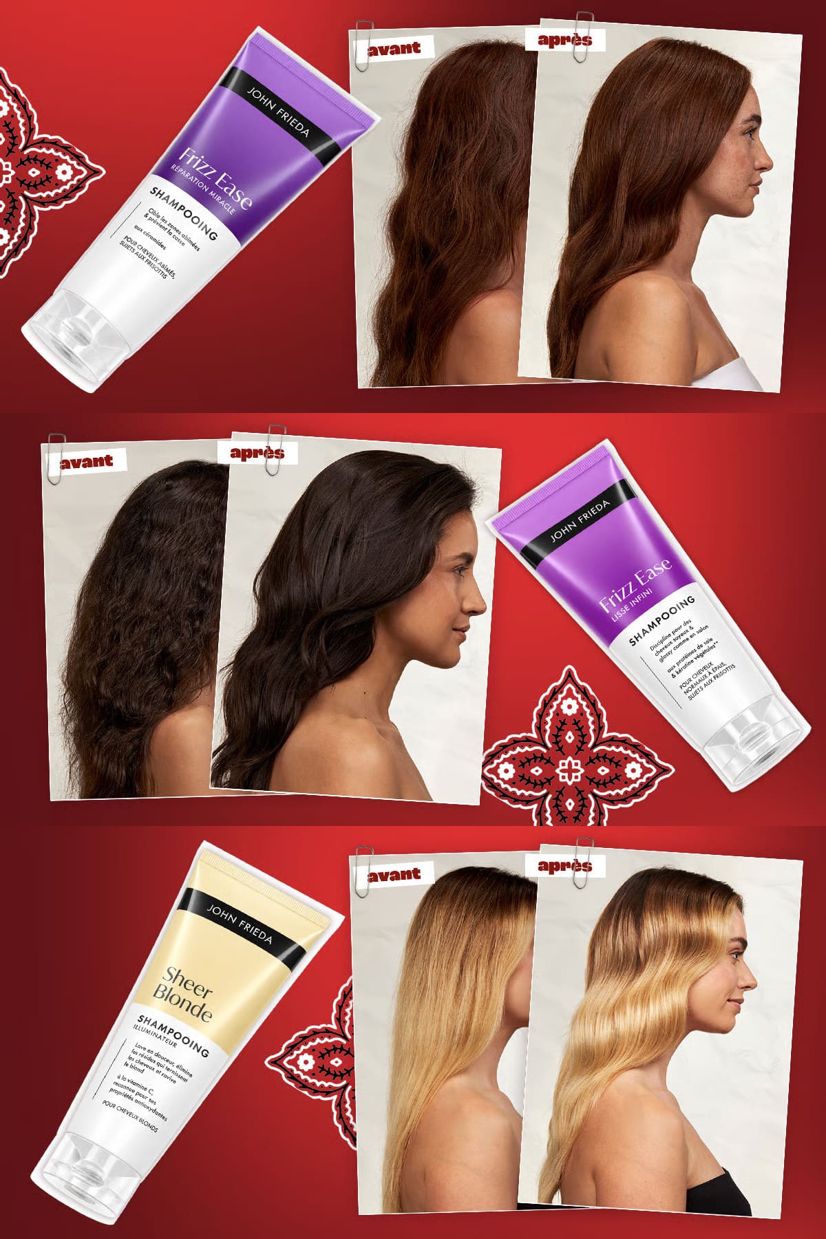 Trois shampooings John Frieda du Time To Choose avec visuels avant après