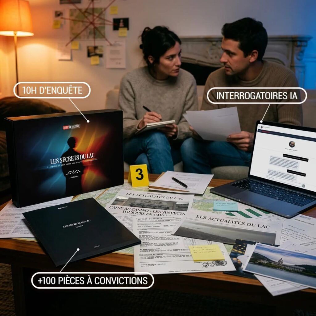 Couple jouant à Deep Detective Les Secrets du Lac avec documents, indices et interrogatoires IA