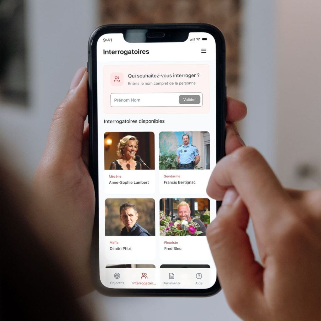 Interface mobile de Deep Detective pour interroger les témoins et suspects pendant l’enquête