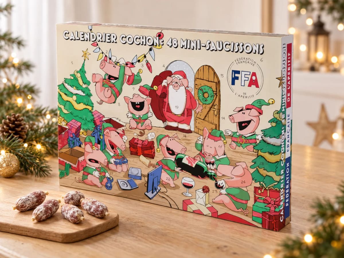 Le calendrier de l'avent Cochon de la Fédération Française de l'Apéritif, composé de mini-saucissons