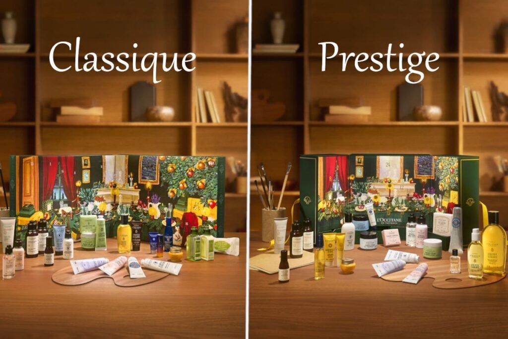 Les deux calendriers de l'Avent L'occitane en Provence, édition classique et prestige.
