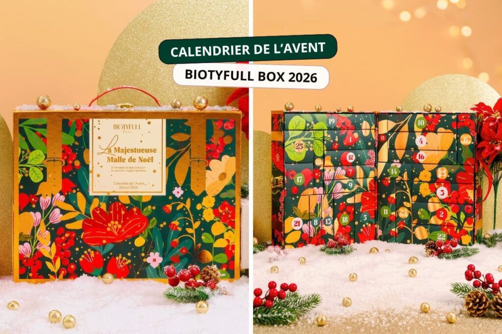 Spoiler du calendrier de l'Avent Biotyfull Box 2026 avec la Majestueuse Malle de Noël ouverte et fermée