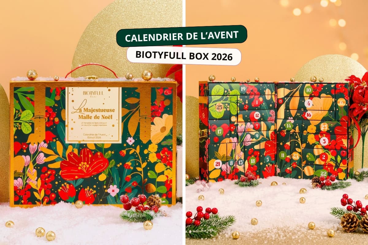Spoiler du calendrier de l'Avent Biotyfull Box 2026 avec la Majestueuse Malle de Noël ouverte et fermée