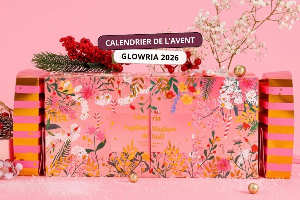 Spoiler calendrier de l'Avent Glowria 2026 avec son coffret rose en forme de grande papillote de Noël
