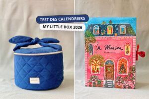 Les deux calendriers de l’Avent My Little Box 2026, un vanity bleu matelassé et un calendrier rose illustré, testés par Box AZ