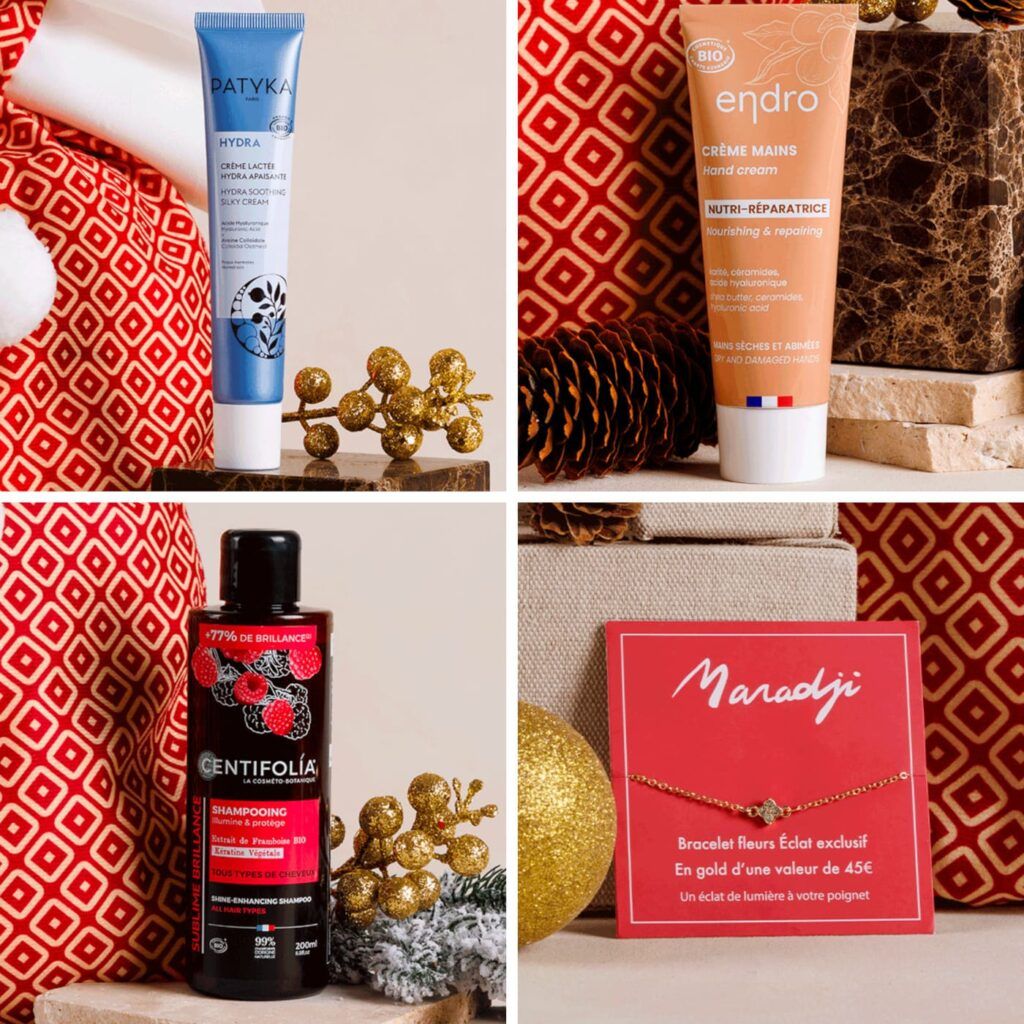 Collage de soins Patyka, Endro et Centifolia accompagné d'un bracelet doré Maradji sur fond de décoration de Noël.