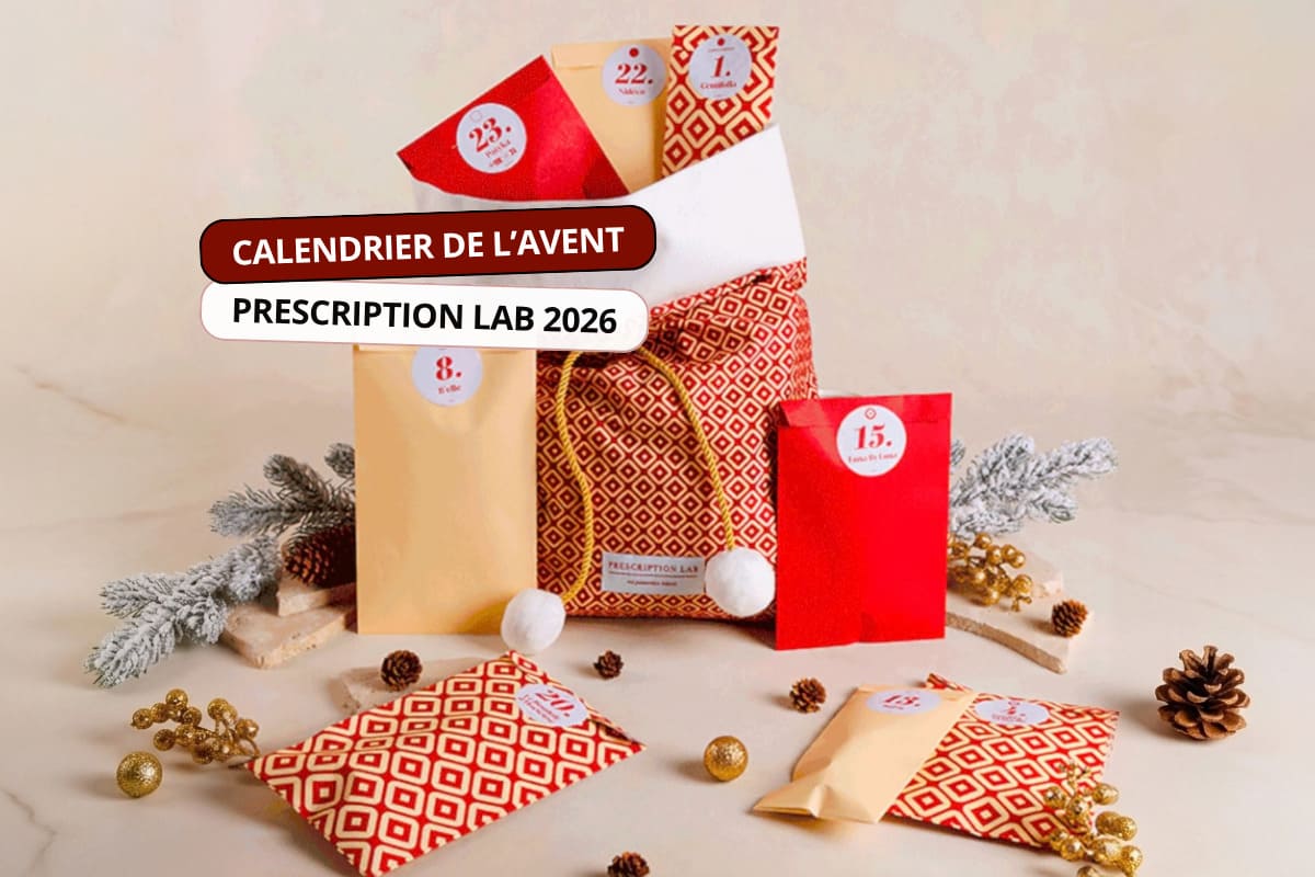Spoiler du calendrier de l’Avent Prescription Lab 2026 avec sa hotte de Noël rouge et ses pochettes surprises numérotées
