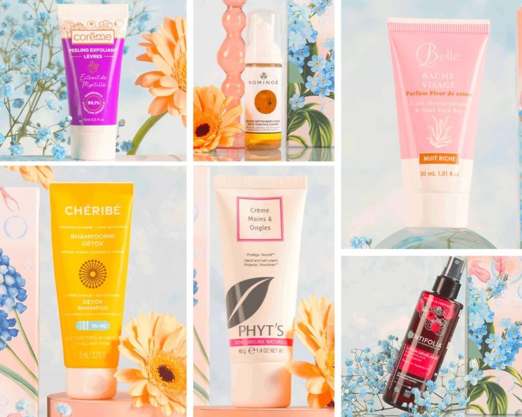 Collage de six produits de beauté pour le visage, les lèvres, les cheveux et les mains, présentés dans un décor floral pastel