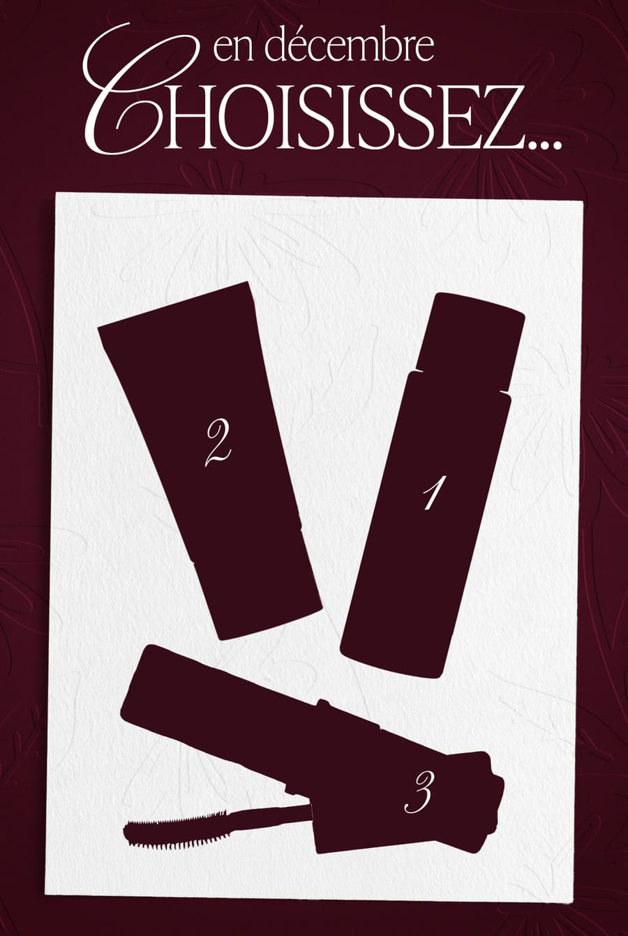 Time to Choose Blissim décembre 2026, visuel présentant trois silhouettes de produits de beauté numérotées sur fond bordeaux
