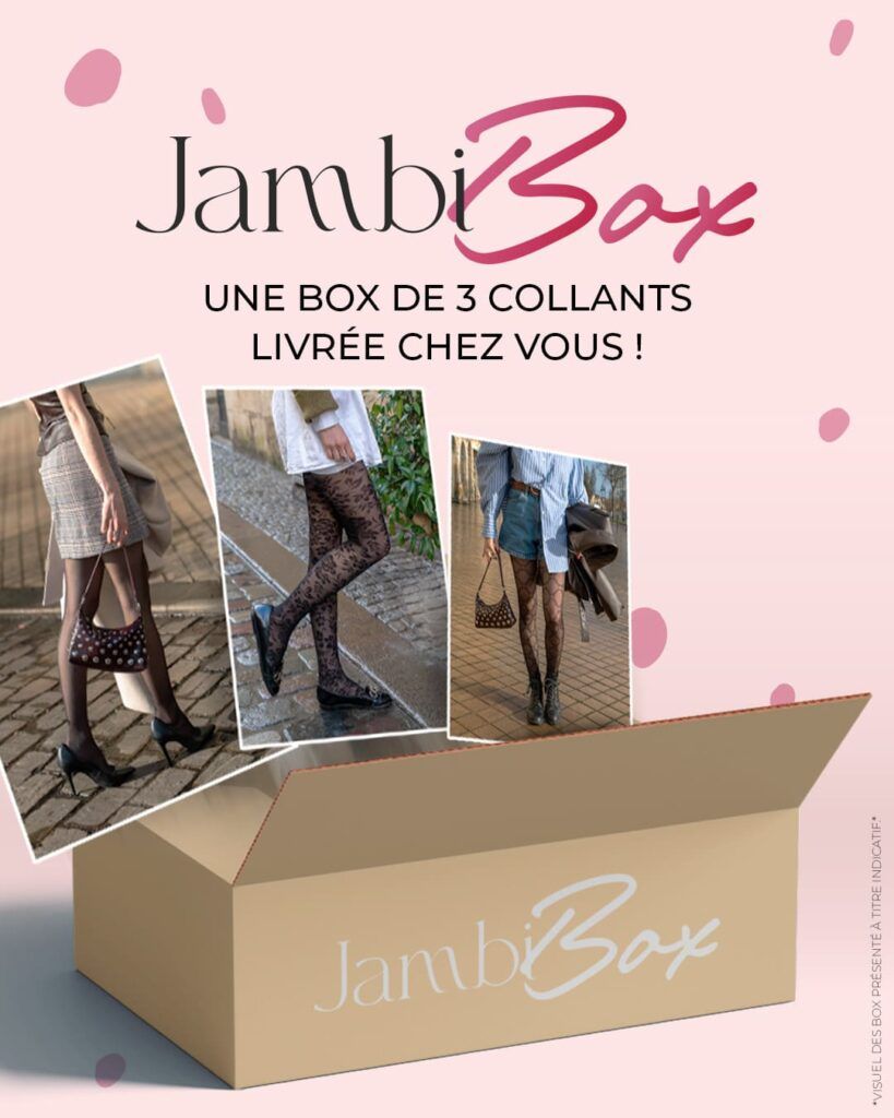 Visuel de la box de collants JambiBox avec un coffret beige et trois photos de femmes portant différents collants
