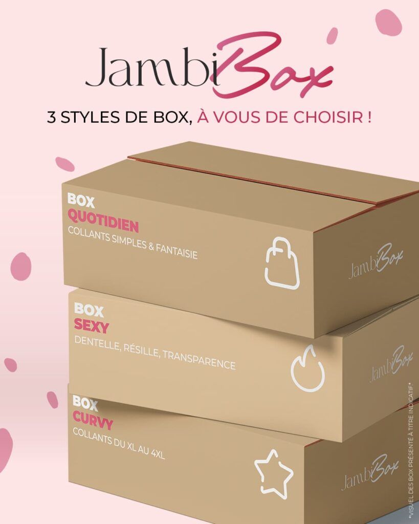 Les trois box de collants JambiBox by Jambissima : Quotidien, Sexy et Curvy, présentées en coffrets beiges empilés