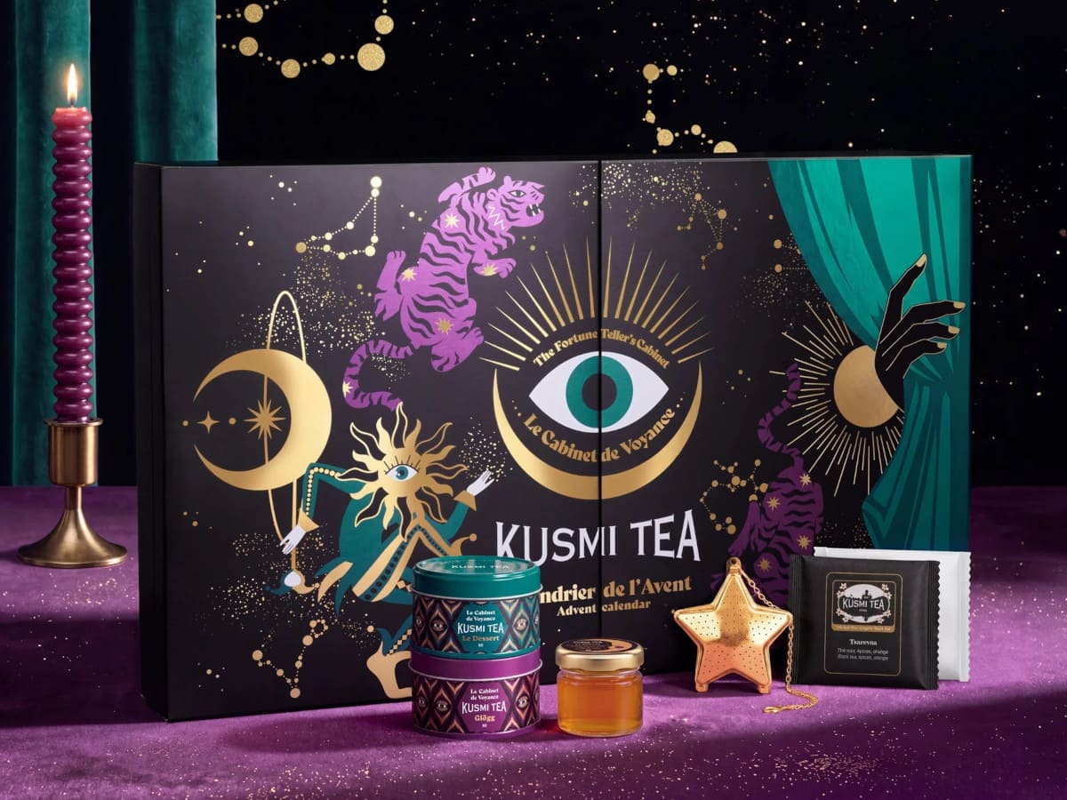 Calendrier de l'avent 2026 de la marque Kusmi Tea, sur le thème "Le Cabinet de Voyance"