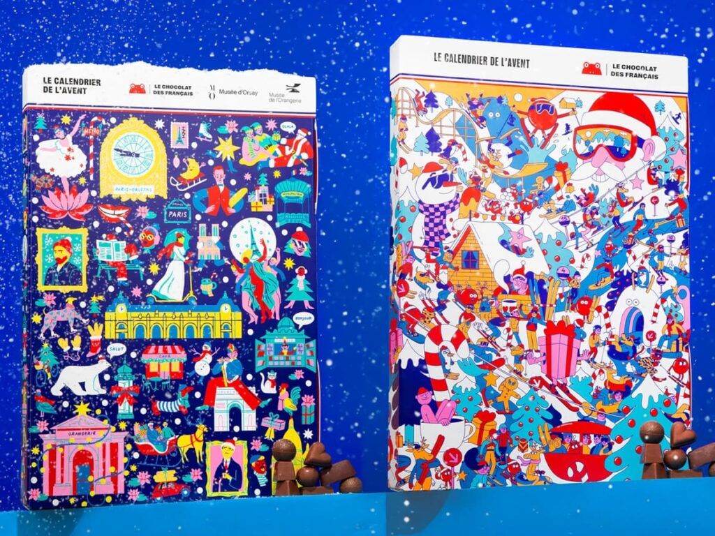 Les deux calendriers de l'avent 2026 Le chocolat des français, deux éditions avec designs différents, illustrés par des artistes