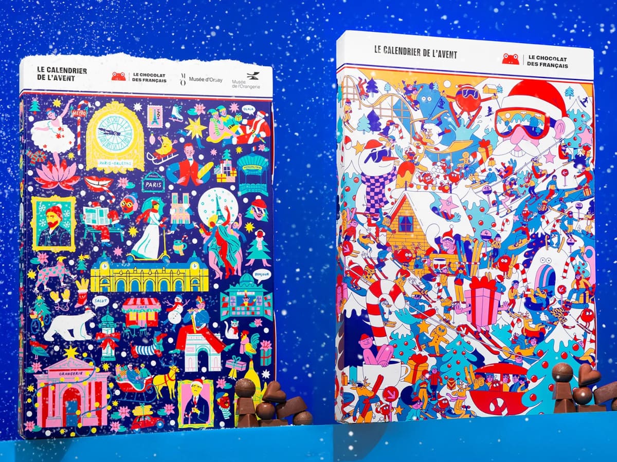 Les deux calendriers de l'avent 2026 Le chocolat des français, deux éditions avec designs différents, illustrés par des artistes