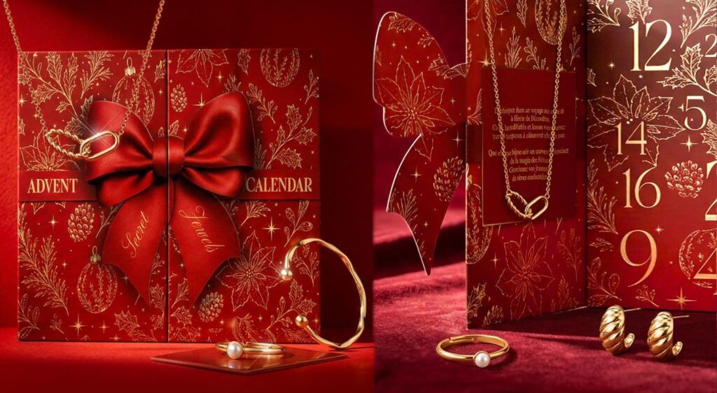 Le calendrier de l'Avent 2026 de Mes Bijoux, avec un packaging rouge élégant