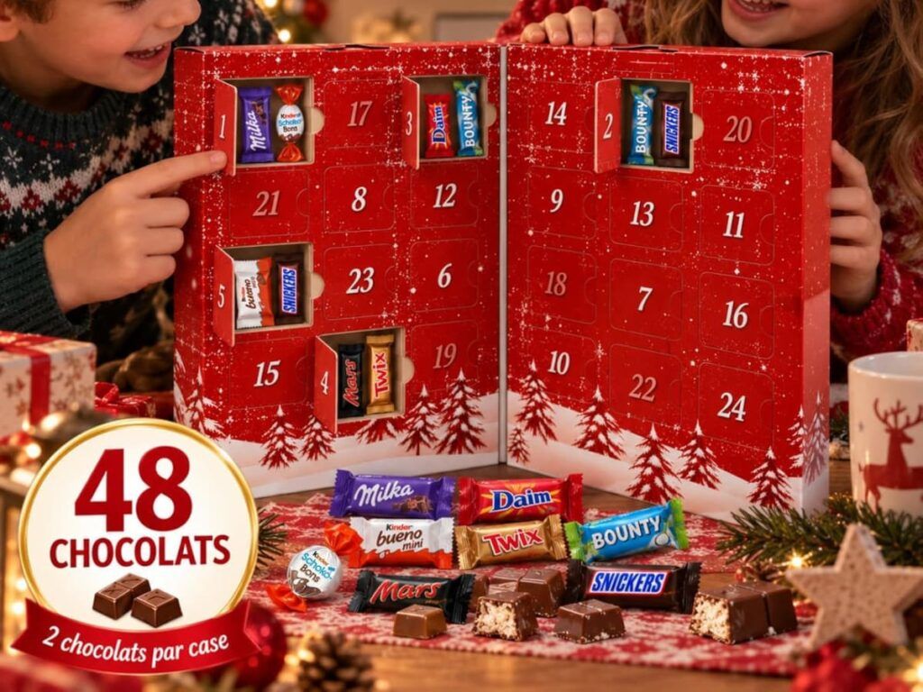 Le calendrier de l'Avent de chocolat de Noël de ProDistri, avec Kinder, Milka, Bounty, Twix, Snickers